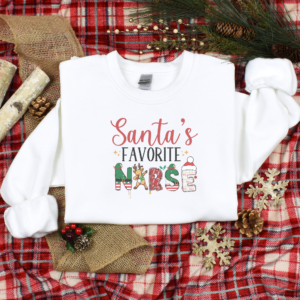 Santa's Favorite Nurse Christmas Crewneck Shirt, Unisex Family Holiday Crewneck Sweatshirt for Mom Gift for Her for Him
