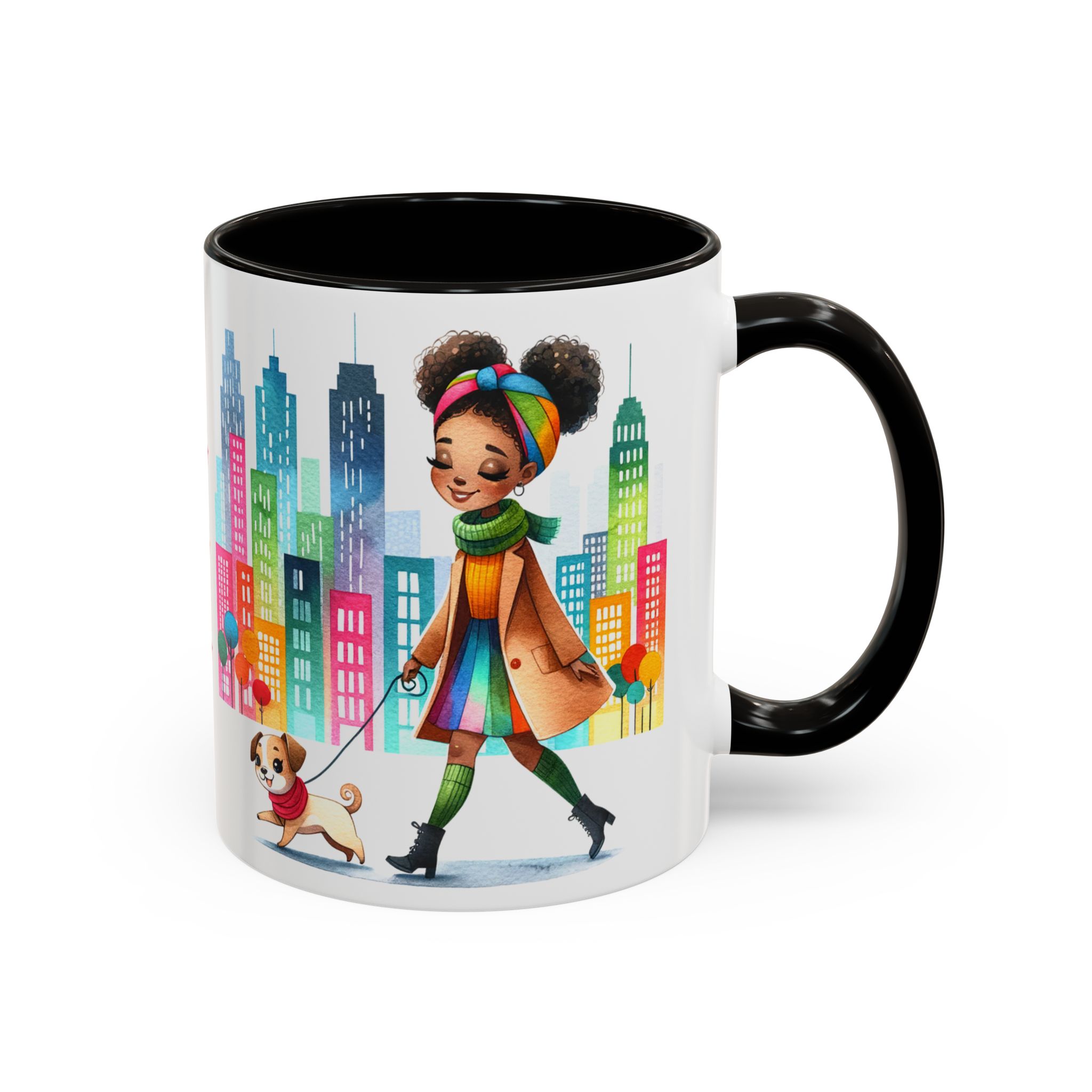 Little Black Girl Walking Her Dog Multi-Colorful Mug