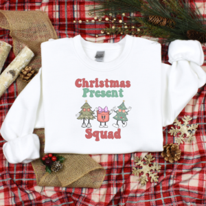 Christmas Present Squad Christmas Crewneck Shirt, Unisex Family Holiday Crewneck Sweatshirt for Mom Gift for Her or Him